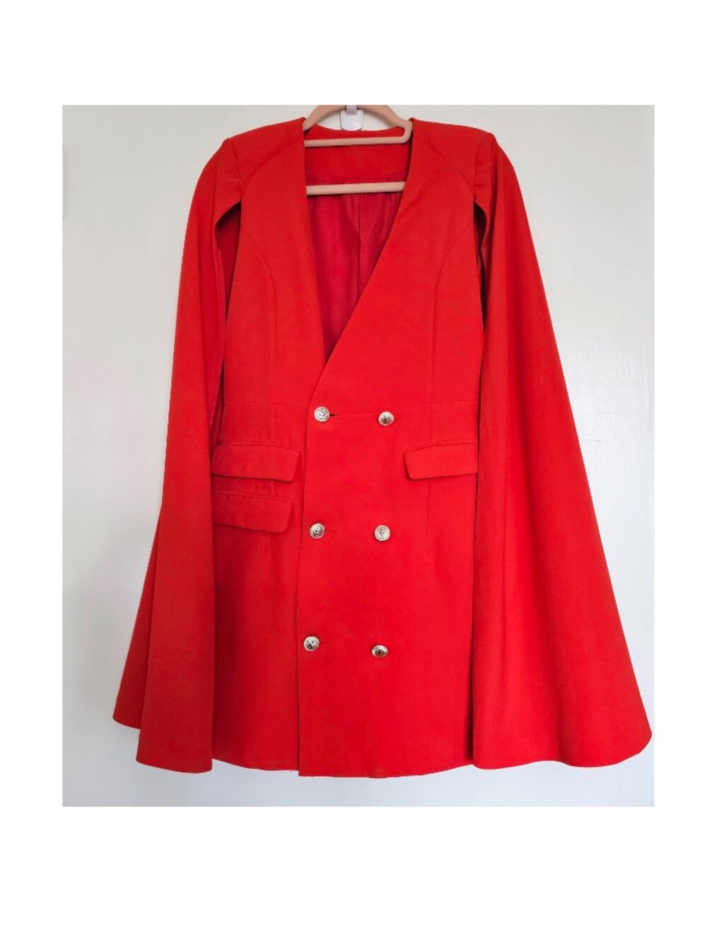 Scarlet Red Cape Cloak Double Breasted Sleeveless Structured Blazer Mini Dress S